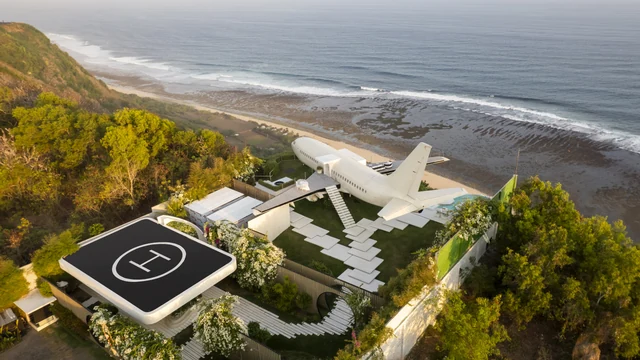 Straight down: the jet, the pool and the helipad